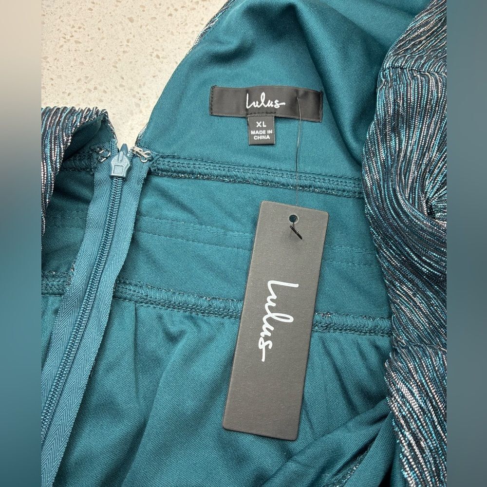Lulus NWT Teal Metallic Pleated V-Neck Empire Waist Party Dress XL - Picture 5 of 12